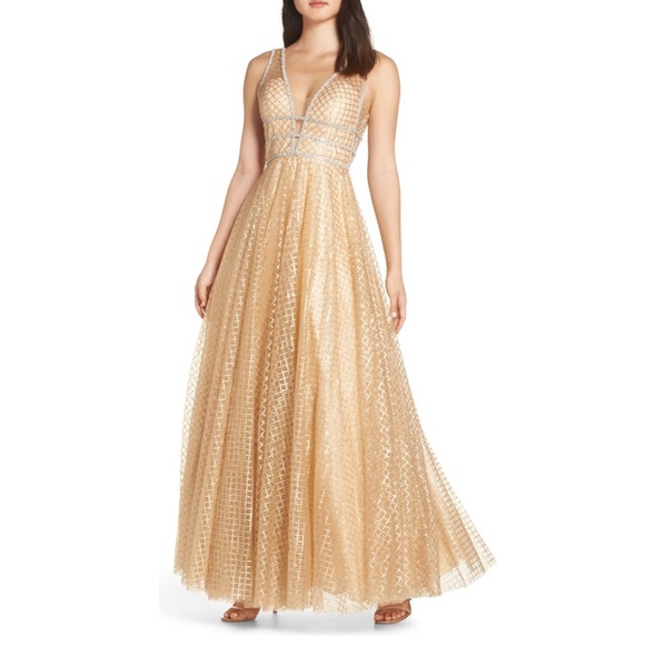 # Mac Duggal Gold Sequin Illusion Neck A Line Gown - Picture 14 of 17